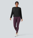 Round Neck Long Sleeve Ruched Yoga Sports Top-UPF50+ - Black