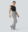 High Waisted Side Flap Pocket Flare Casual Cargo Pants - Silent Storm