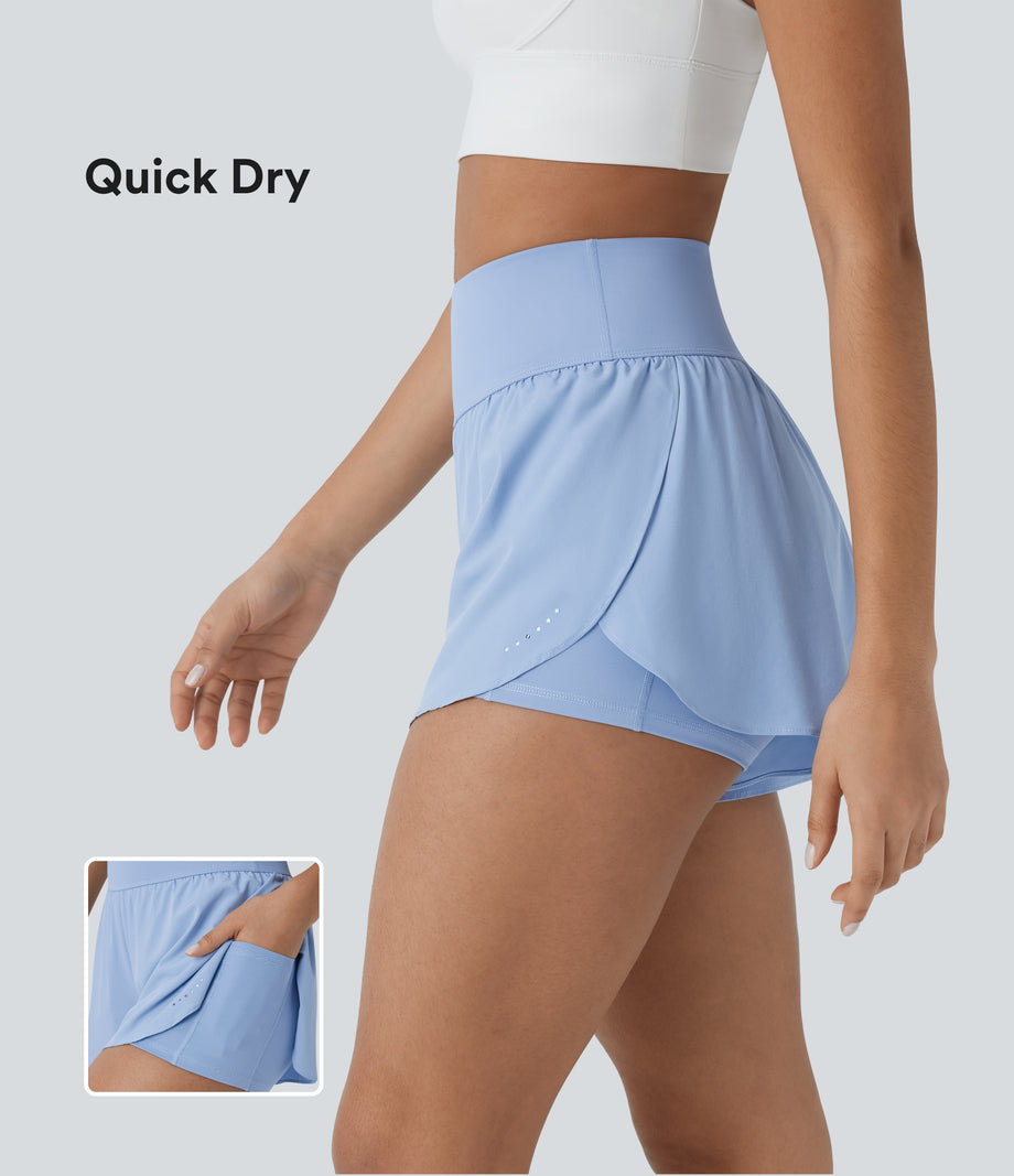 SoftlyZero™ QuickDry High Waisted Tummy Control Reflective Dots Crossover Hem 2-in-1 Running Shorts 3'' with Pockets - Sky Blue