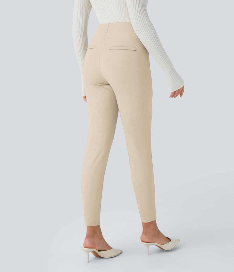 High Waisted Tummy Control Decorative Back Zipper Pockets Herringbone Work Leggings - Earthy Brown