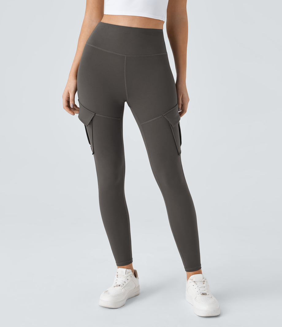 DayStretch High Waisted Cargo Pocket Skinny Yoga Leggings - Deep Red Grey