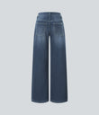 Halara Flex™ Low Rise Zipper Pockets Washed Baggy Wide Leg Casual Jeans - Cedar Blue Denim
