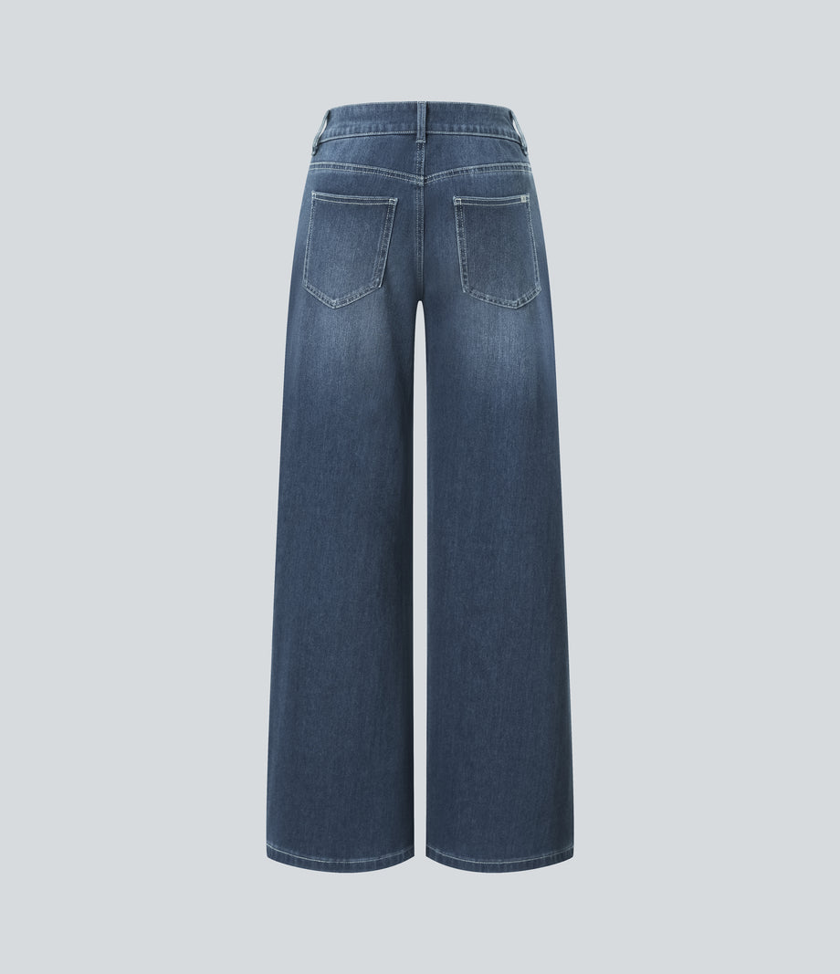Halara Flex™ Low Rise Zipper Pockets Washed Baggy Wide Leg Casual Jeans - Cedar Blue Denim