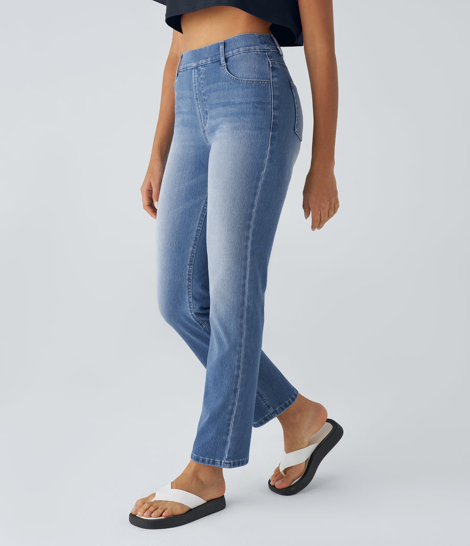 Halara Flex™ High Waisted Pockets Straight Leg Washed Casual Jeans - Sea Blue Denim