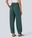 Crossover High Waisted Pocket Drawstring Casual Joggers - Jade Green Floral Yarn