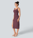 SoftlyZero™ Airy Square Neck Backless Corset Ruched Split Bodycon Midi Cool Touch Bridesmaid and Wedding Guest Dress - Fig