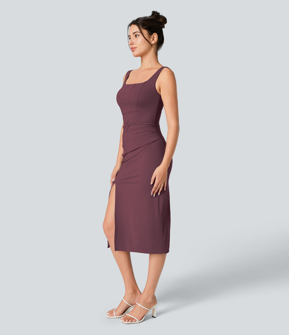 SoftlyZero™ Airy Square Neck Backless Corset Ruched Split Bodycon Midi Cool Touch Bridesmaid and Wedding Guest Dress - Fig