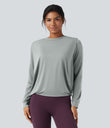 Round Neck Long Sleeve Ruched Yoga Sports Top-UPF50+ - Mirage Gray