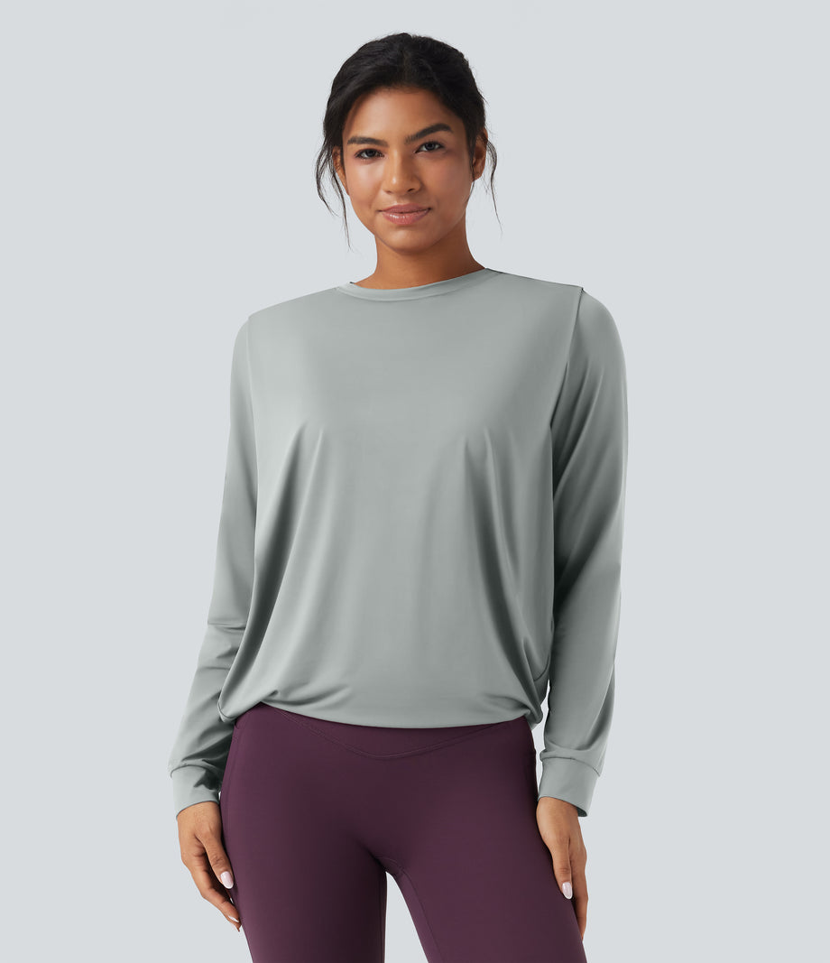 Round Neck Long Sleeve Ruched Yoga Sports Top-UPF50+ - Mirage Gray