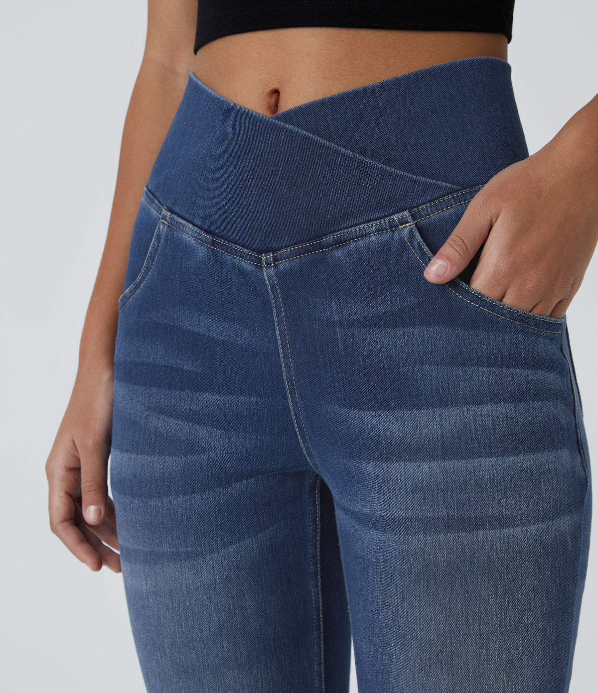 Halara Flex™ High Waisted Crossover Pocket Washed Casual Flare Jeans - Royal Blue Denim