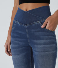 Halara Flex™ High Waisted Crossover Pocket Washed Casual Flare Jeans - Royal Blue Denim