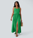 Twisted Backless Split Flowy Maxi Resort Dress with Pockets - Dewleaf Green