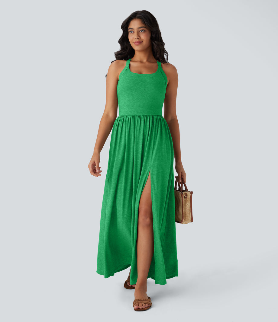 Twisted Backless Split Flowy Maxi Resort Dress with Pockets - Dewleaf Green