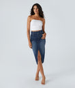 Halara Flex™ High Waisted Pockets Bodycon Washed Denim Casual Midi Skirt - Bright Blue Denim