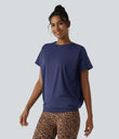 Round Neck Short Sleeve Ruched Cool Touch Yoga Sports Top-UPF50+ - Patriot Blue