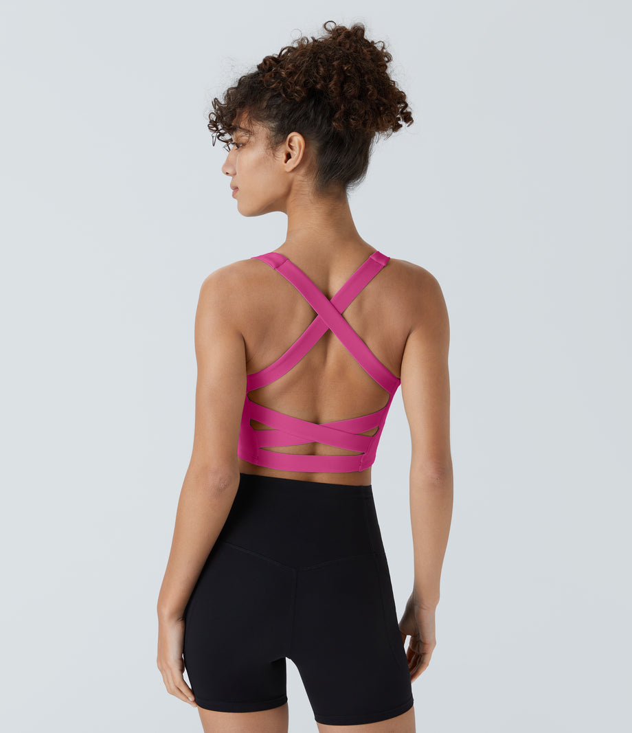 SoftlyZero™ Airy Square Neck Backless Crisscross Cropped Cool Touch Yoga Tank Top-UPF50+ - Fuchsia Fedora