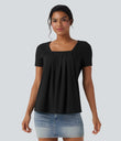 Square Neck Short Sleeve Casual Top - Black