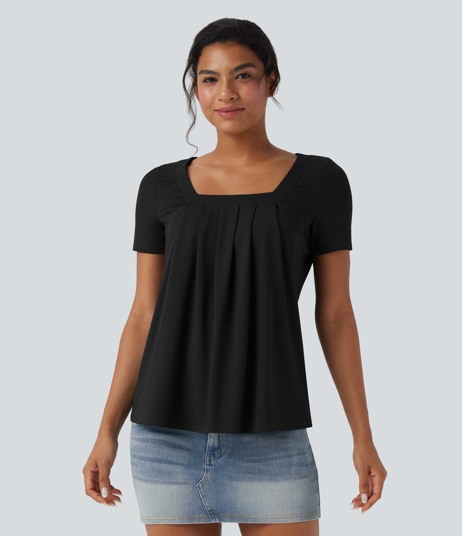 Square Neck Short Sleeve Casual Top - Black