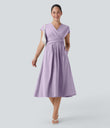 Breezeful™ V Neck Short Sleeve Pocket Tie Back Quick Dry Midi Casual Dress - Leisurely Lavender
