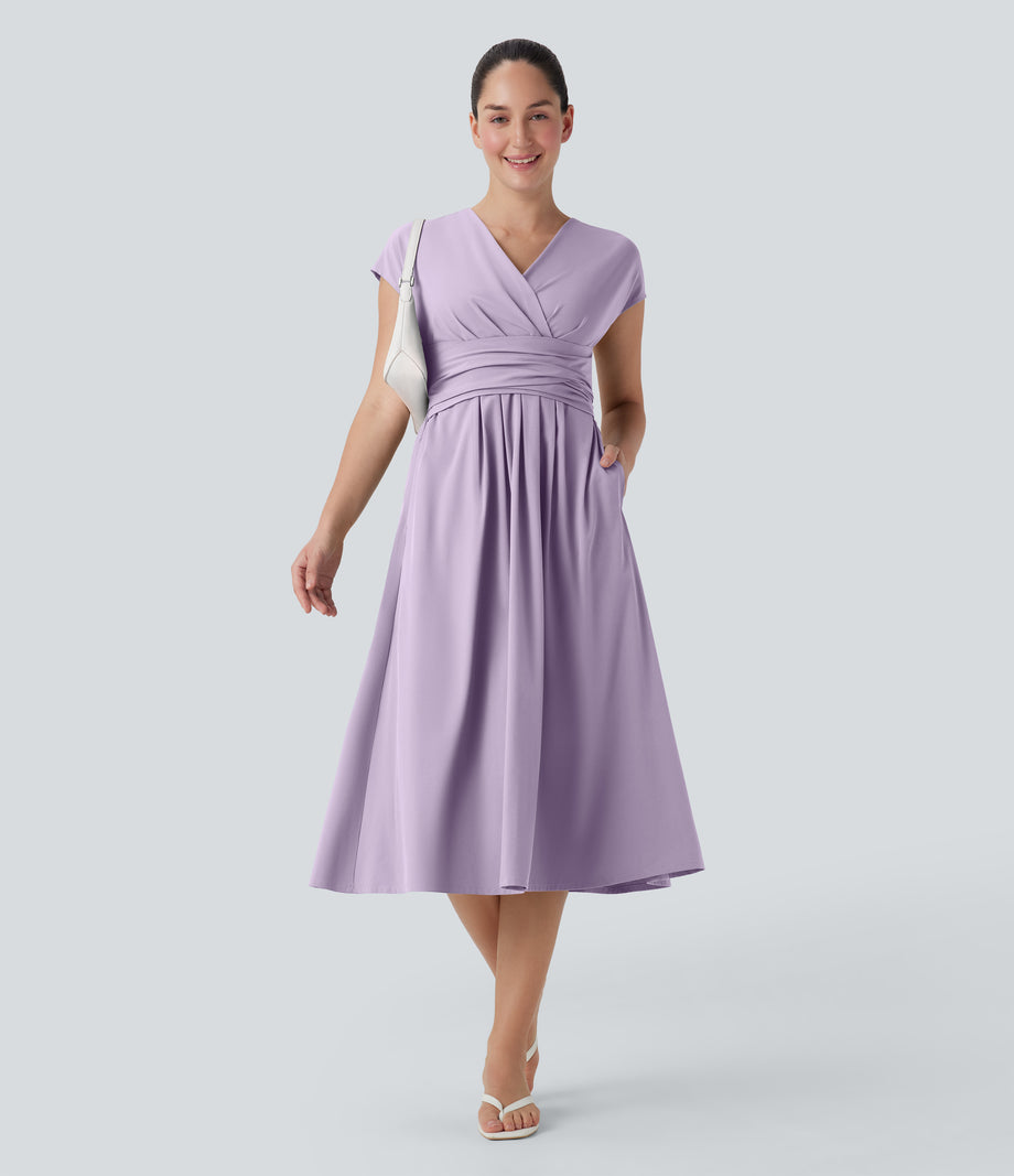 Breezeful™ V Neck Short Sleeve Pocket Tie Back Quick Dry Midi Casual Dress - Leisurely Lavender