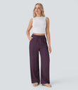 High Waisted Drawstring Pocket Wide Leg Baggy Casual Linen-Feel Pants - Italian Plum