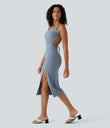 Ruched Lace Up Bodycon Midi Casual Dress - Snowflake Blue