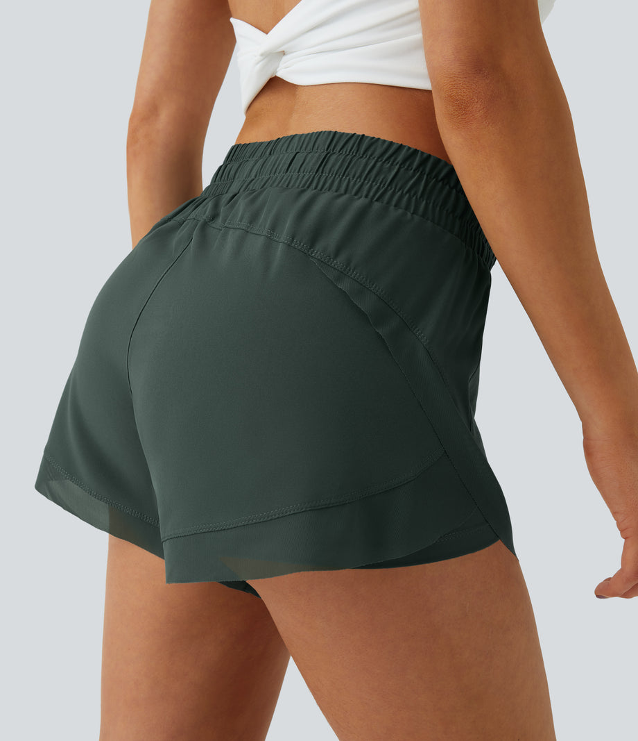 Mid Rise Drawstring Contrast Mesh 2-in-1 Flowy Running Shorts 3'' - Dark Green