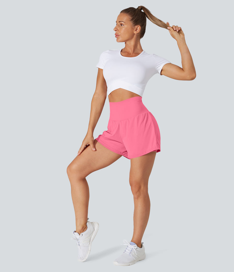 SoftlyZero™ Airy Super High Waisted 2-in-1 Cool Touch Yoga Shorts with Pockets - Pink Lemonade