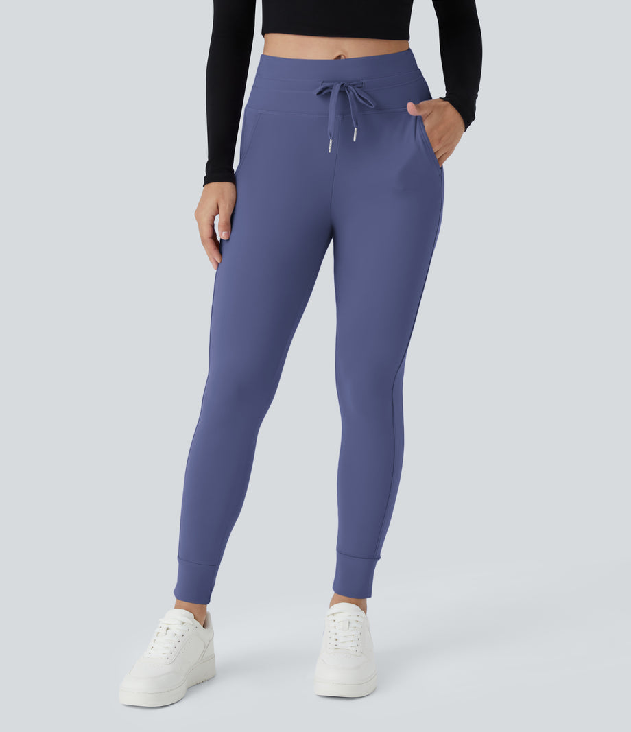 SoftlyZero™ Plush High Waisted Drawstring Pocket Plain Full Length Joggers - Dusky Blue
