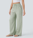 High Waisted Drawstring Pocket Wide Leg Baggy Casual Linen-Feel Pants - Pale Aqua
