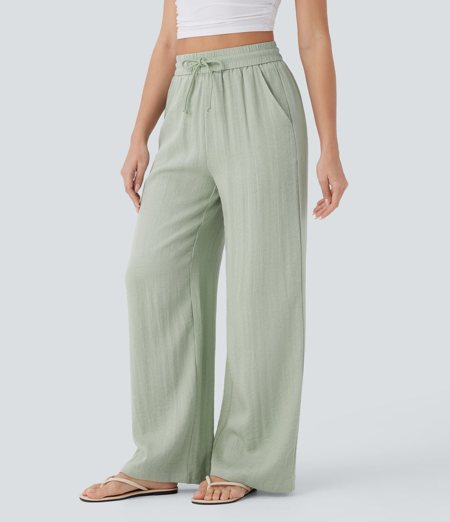 High Waisted Drawstring Pocket Wide Leg Baggy Casual Linen-Feel Pants - Pale Aqua