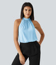 Keyhole Back Halter Sleeveless Curved Hem Work Blouse - Rippling Blue