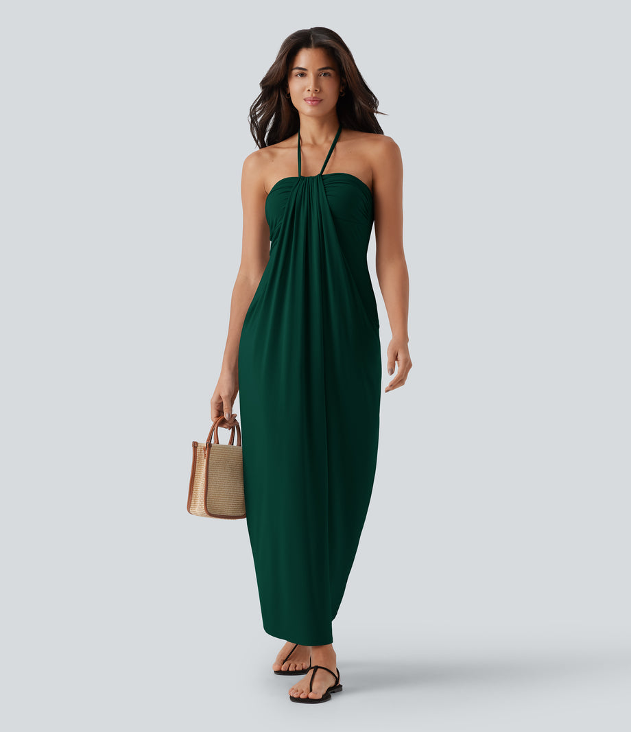 Halter Tie Back Maxi Dress with Pockets - Emerald Green