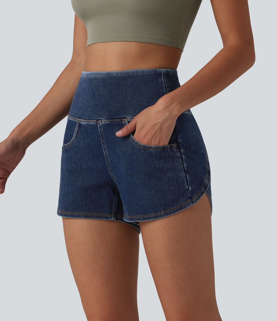Halara Flex™ High Waisted Tummy Control Curved Hem Skinny Denim Casual Shorts with Pockets - Estate Blue Denim