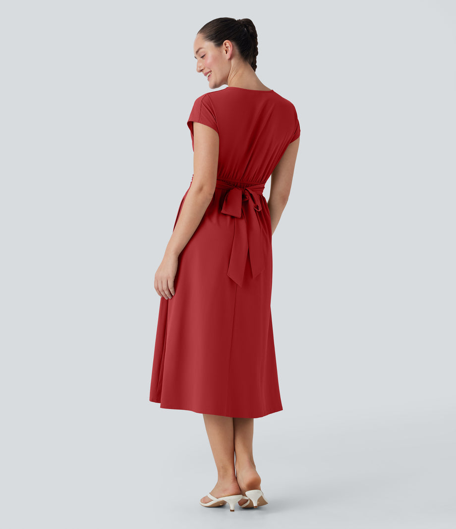 Breezeful™ V Neck Short Sleeve Pocket Tie Back Quick Dry Midi Casual Dress - Pompeian Red