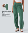 Crossover High Waisted Pocket Drawstring Casual Joggers - Emerald Floral Yarn