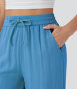 High Waisted Drawstring Pocket Wide Leg Baggy Casual Linen-Feel Pants - Azure Blue