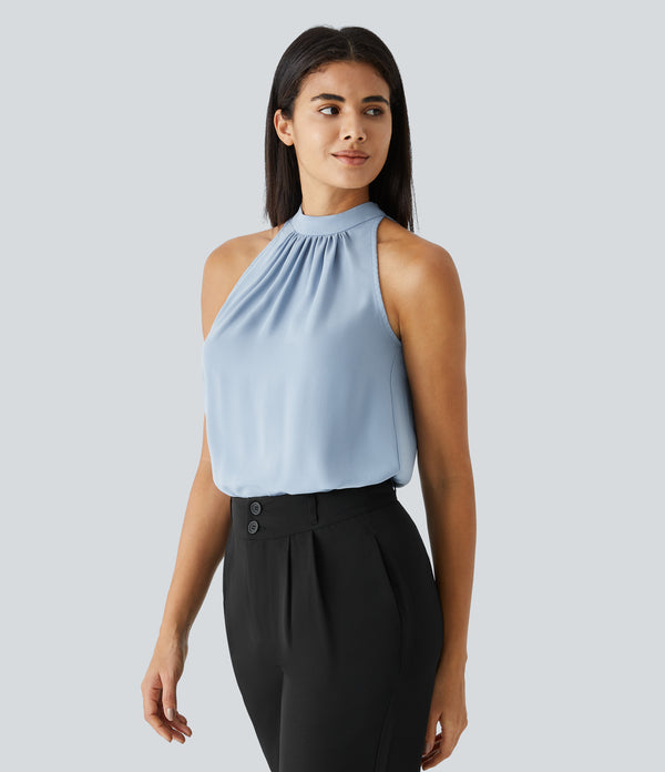 Keyhole Back Halter Sleeveless Curved Hem Work Blouse - Skyride