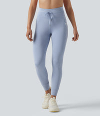 High Waisted Drawstring Striped Yoga Leggings with Pockets - Cloud Stripe