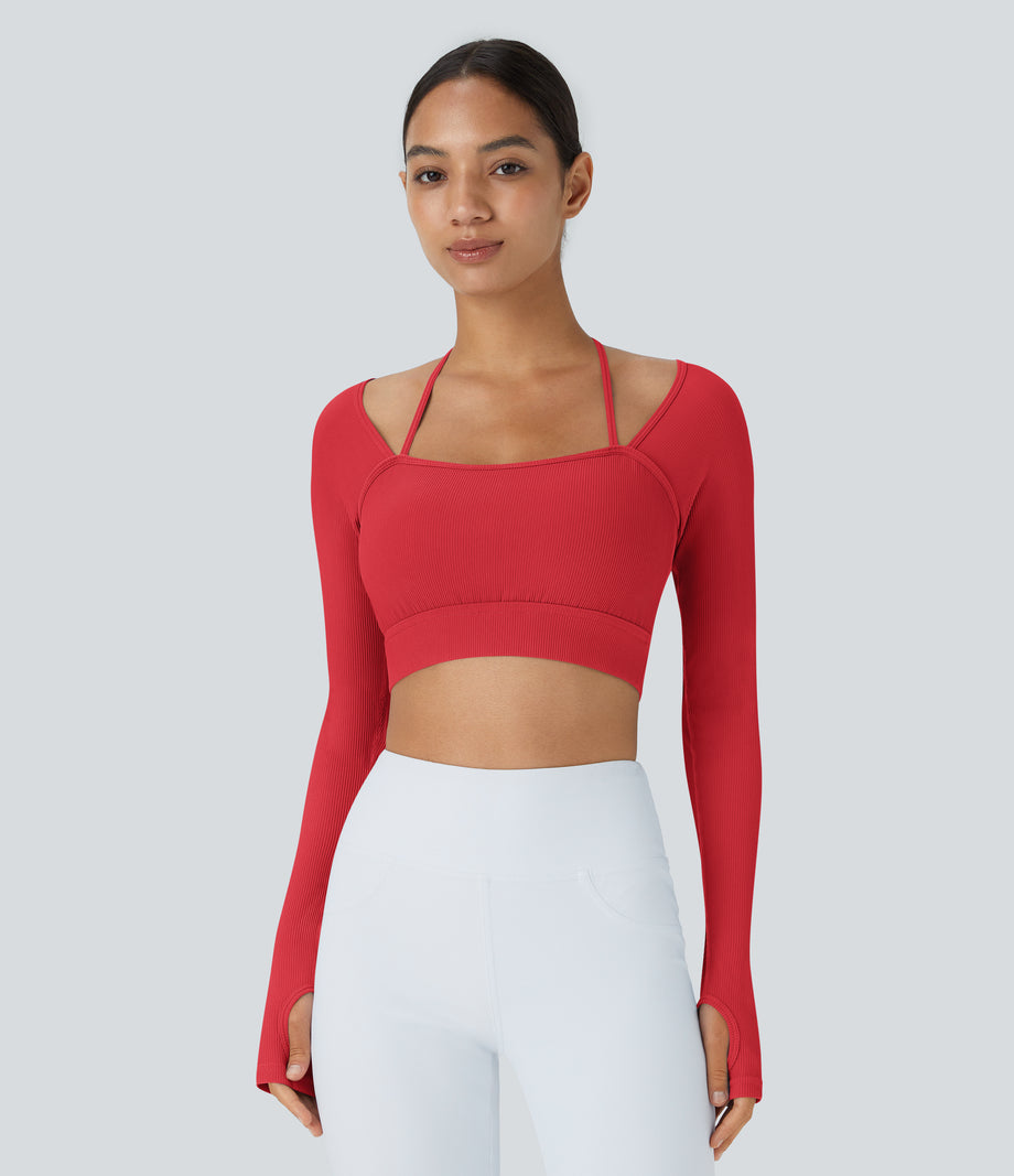 Ribbed Halter Strap Thumb Hole Cropped Yoga Sports Top - Tomato