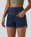 Halara Flex™ High Waisted Tummy Control Curved Hem Skinny Denim Casual Shorts with Pockets - Estate Blue Denim