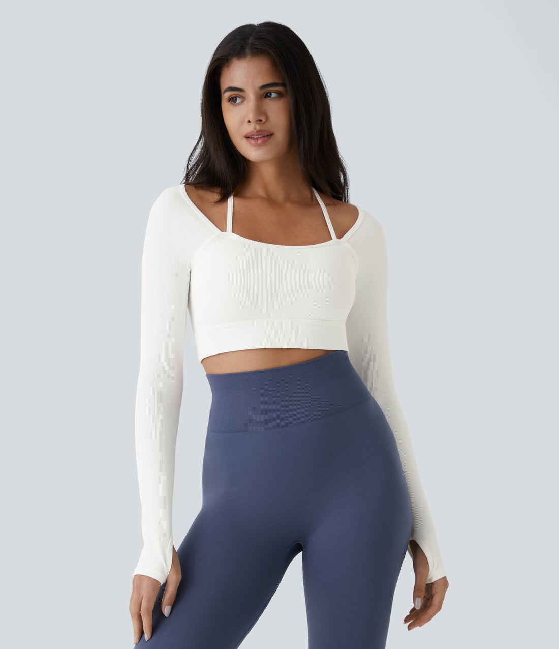Ribbed Halter Strap Thumb Hole Cropped Yoga Sports Top - White