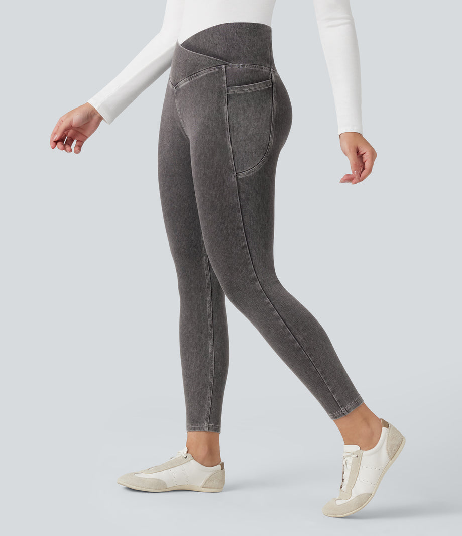 Halara Flex™ Crossover Pocket Washed Denim Work Leggings - Cool Gray Denim