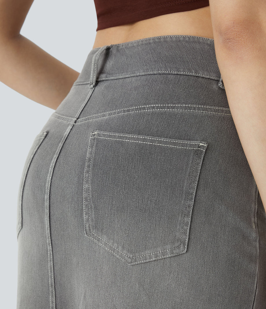 Halara Flex™ High Waisted Pockets Bodycon Washed Denim Casual Midi Skirt - Black Iron Gray Denim