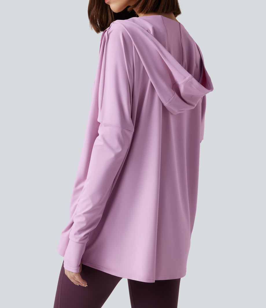 Hooded Cowl Neck Long Sleeve Thumb Hole Yoga Sports Top with Pockets - Orchid Bouquet