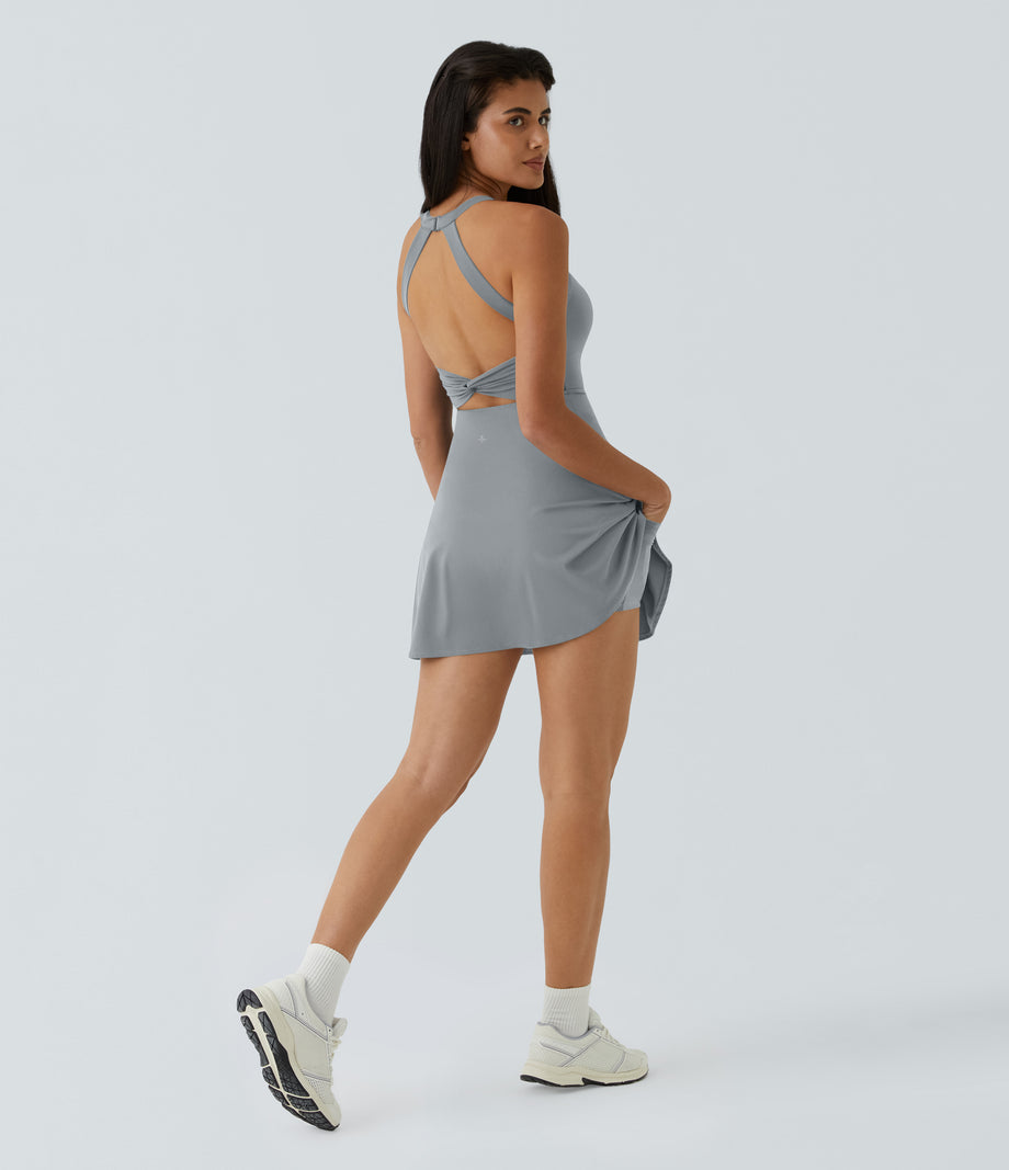 SoftlyZero™ Airy Backless Twisted Flare Low Support Dance Active Dress-Longer Length-Easy Peezy Edition A-D Cups - Quarry