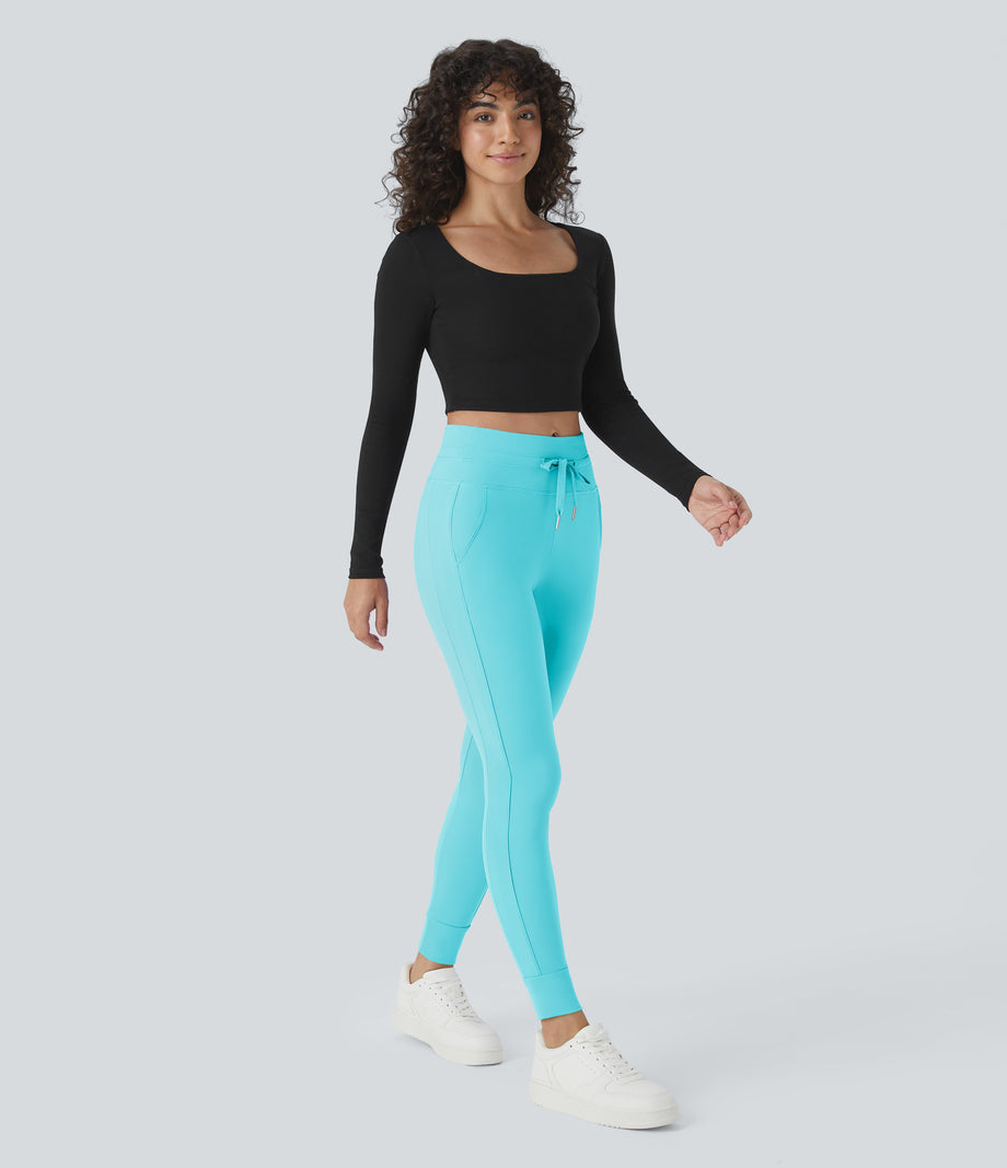 SoftlyZero™ Plush High Waisted Drawstring Pocket Plain Full Length Joggers - Baroque Blue