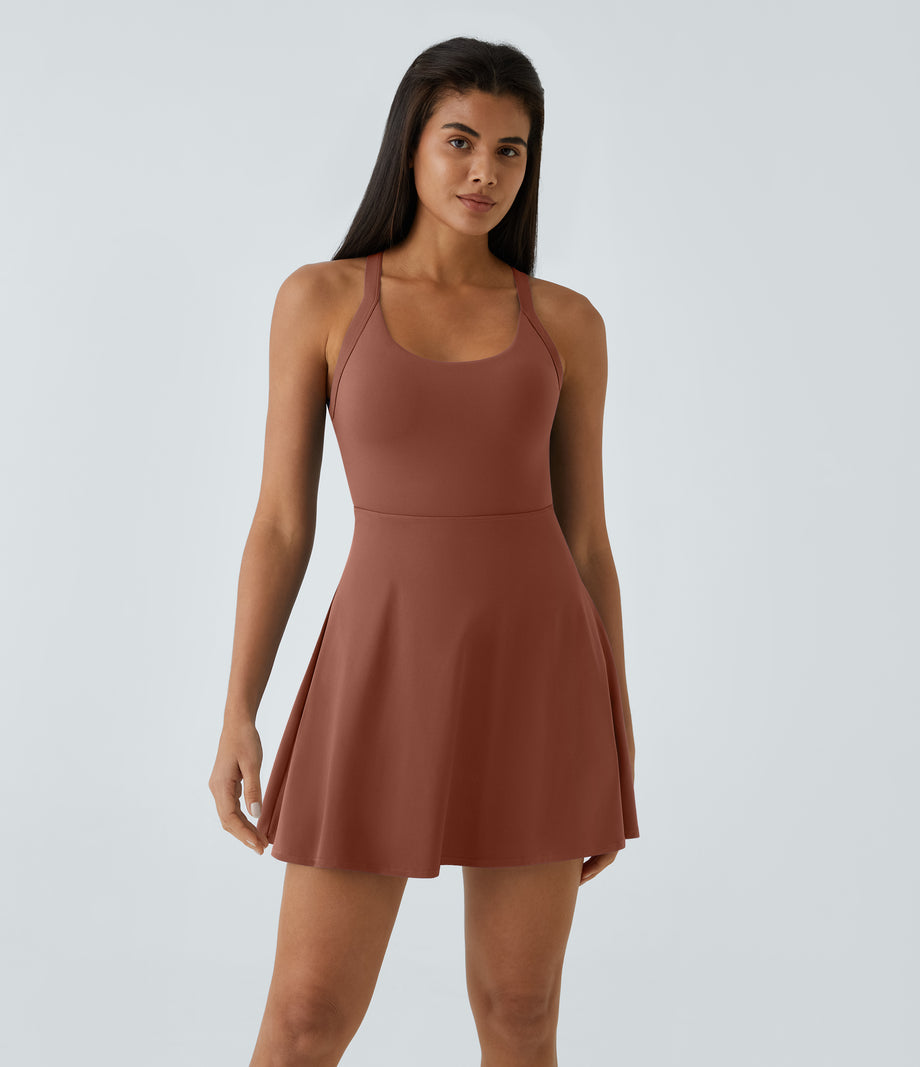 SoftlyZero™ Airy Backless Twisted Flare Low Support Dance Active Dress-Longer Length-Easy Peezy Edition A-D Cups - Sequoia