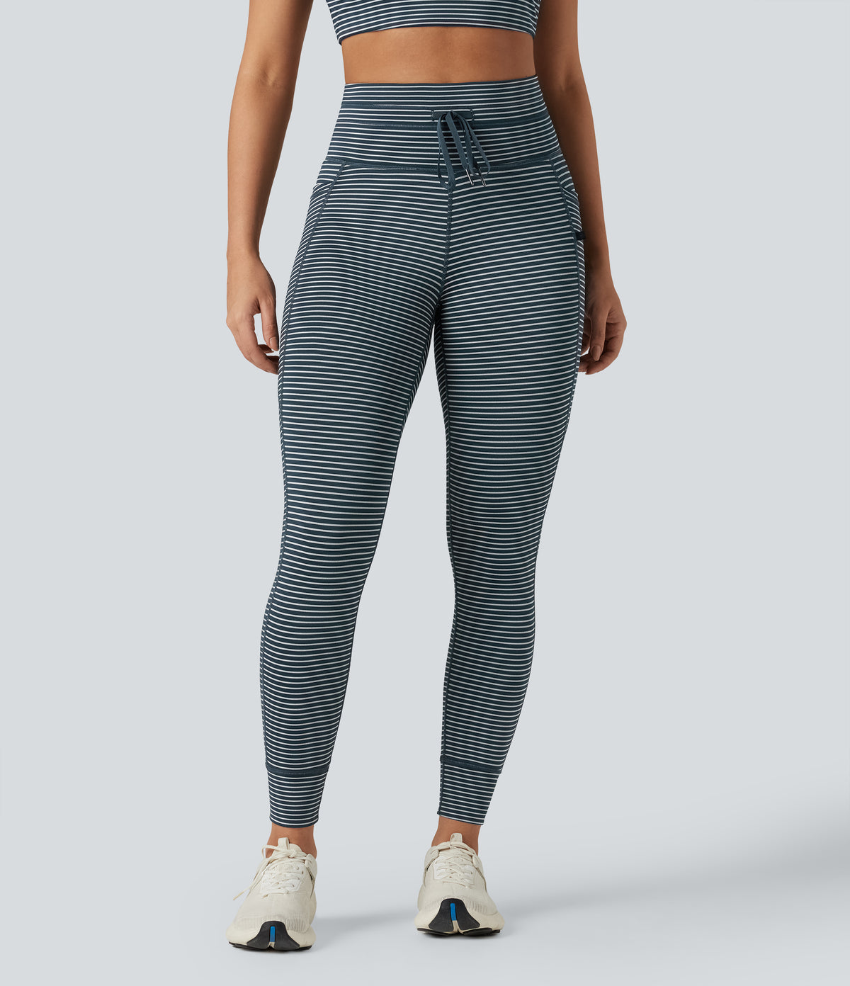 High Waisted Drawstring Striped Yoga Leggings with Pockets - Oceanic Teal