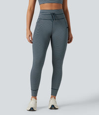 High Waisted Drawstring Striped Yoga Leggings with Pockets - Oceanic Teal